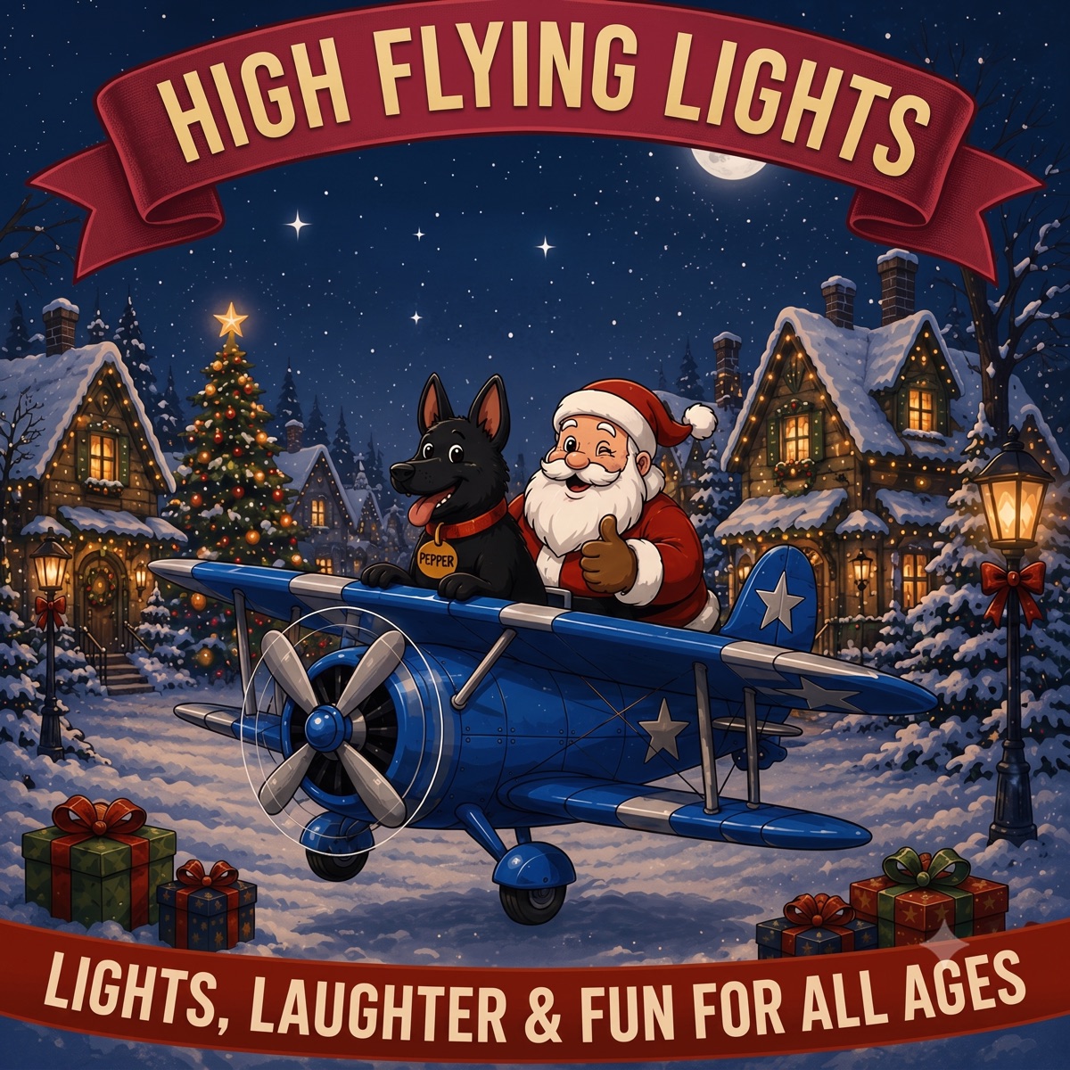 High Flying Lights Christmas — Santa and Pepper flying a blue biplane over a snowy, lit-up village