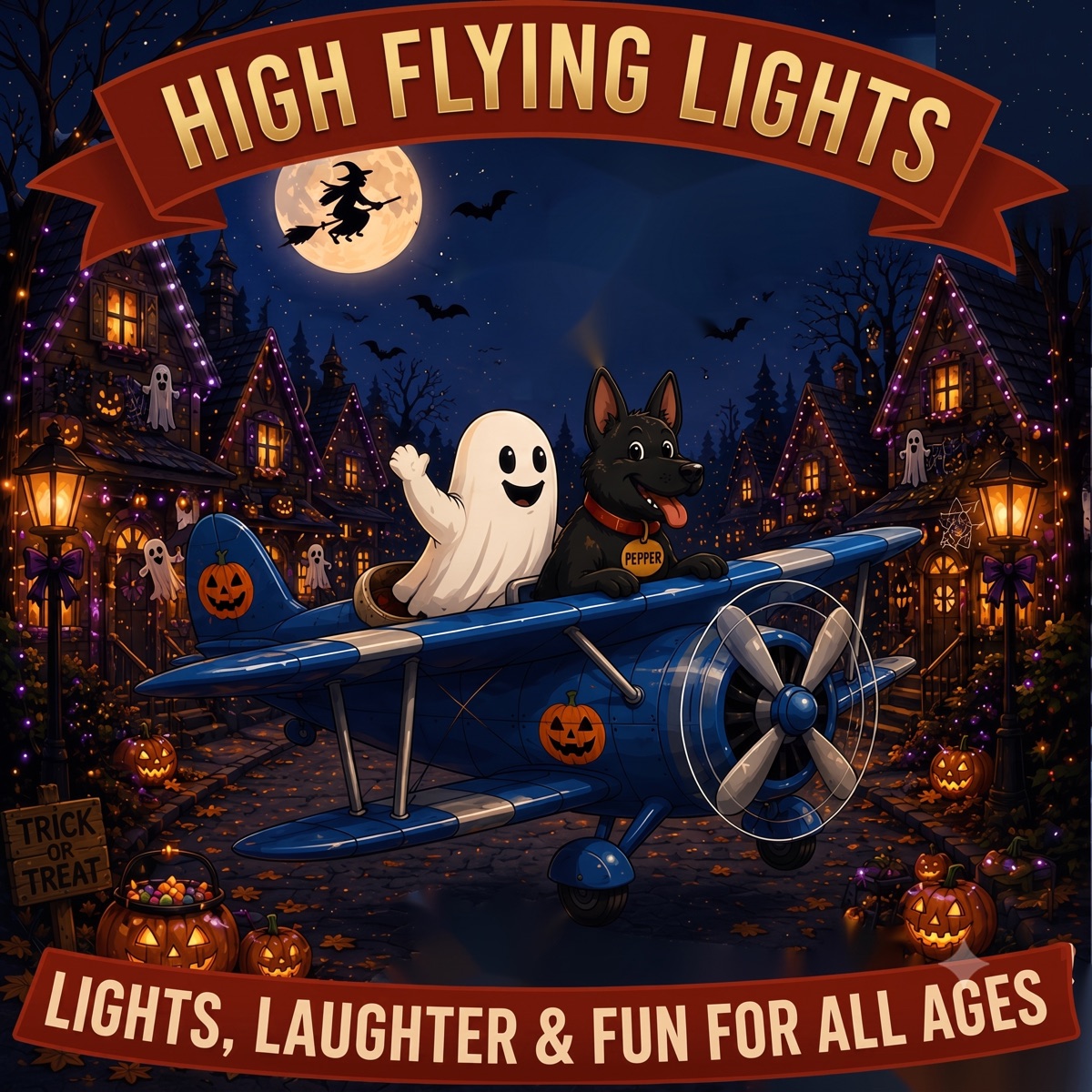 High Flying Lights Halloween — a friendly ghost and Pepper flying a blue biplane over a spooky, lit-up village